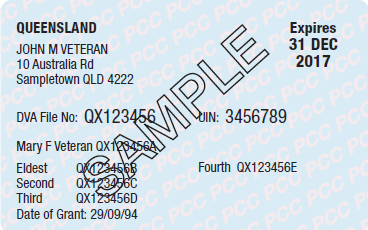 Queensland Pension Concession Card QLD PCC (Issued by Department of Veteran Affairs) front of card