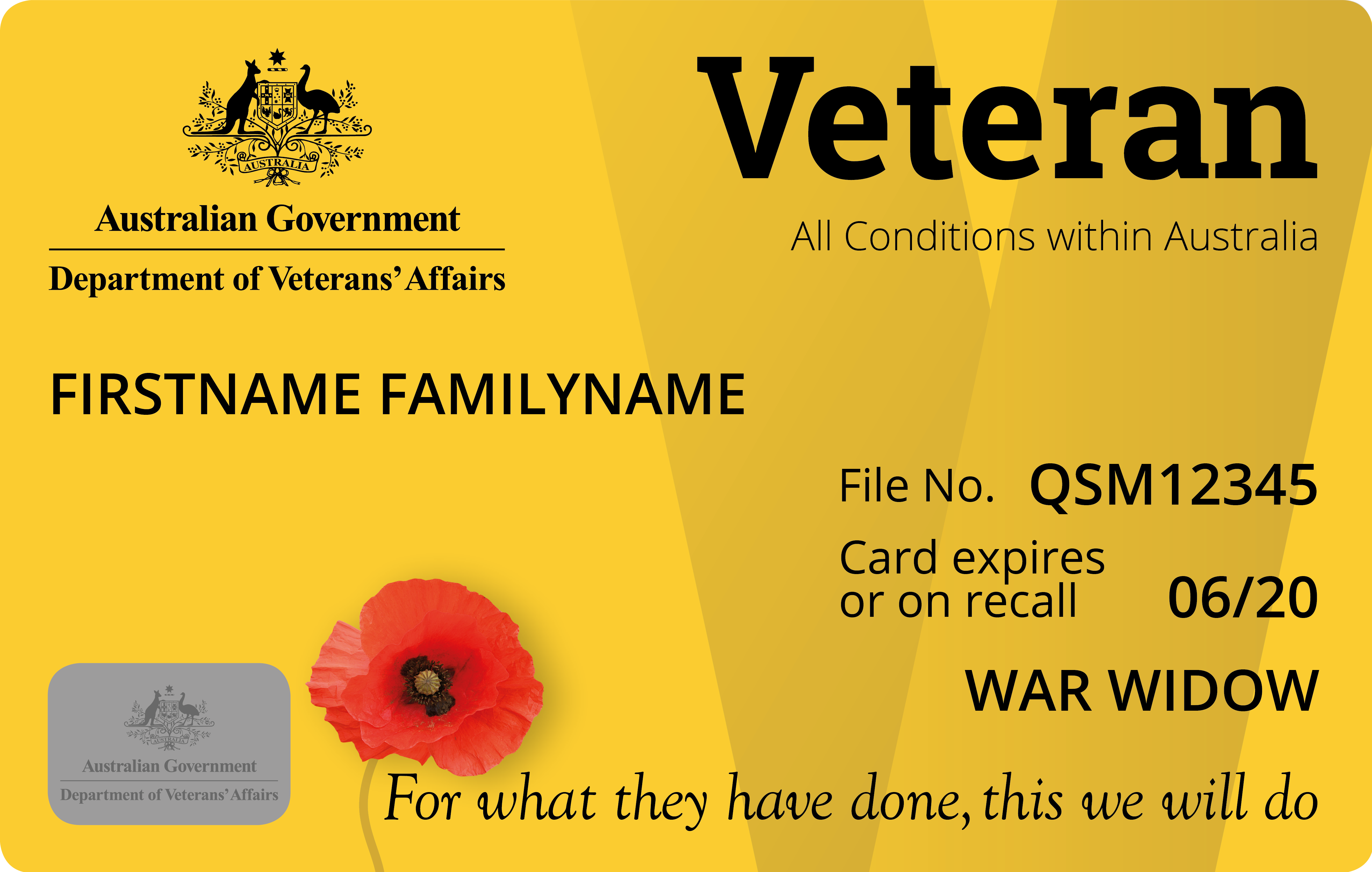 Commonwealth DVA Health Card Endorsed War Widow only. (Also known as Gold Card) Queensland Residents only.