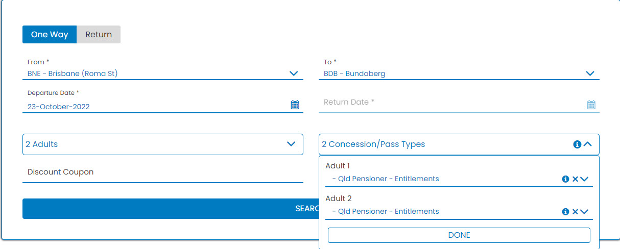 Booking screen showing concession type  fields.