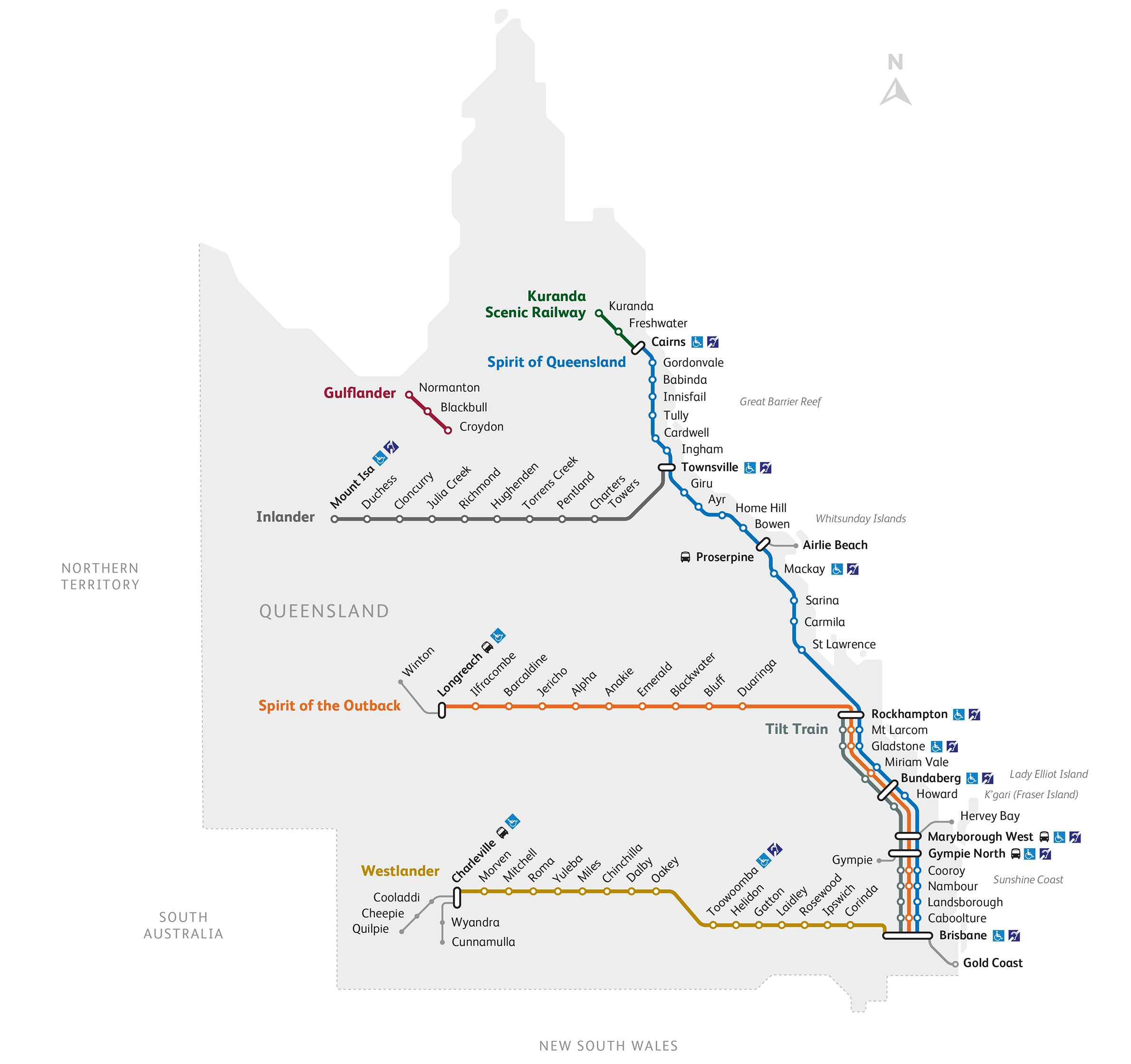 Image of the Queensland Rail Travel rail network showing the routes of the long-distance services and tourist trains.
